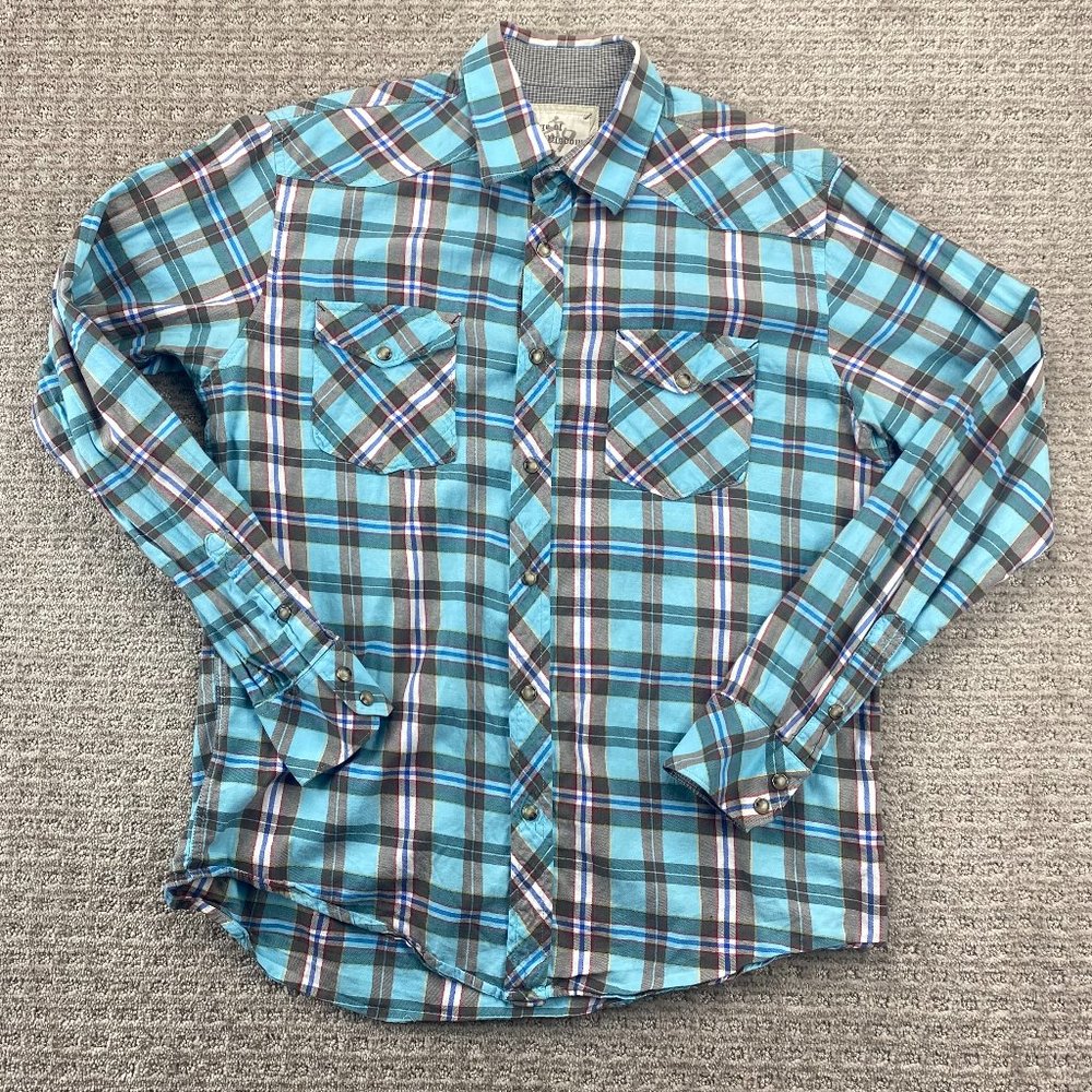 Age of Wisdom Shirt Men Medium M Blue Gray Plaid Multicolor Pearl Snap Button Up